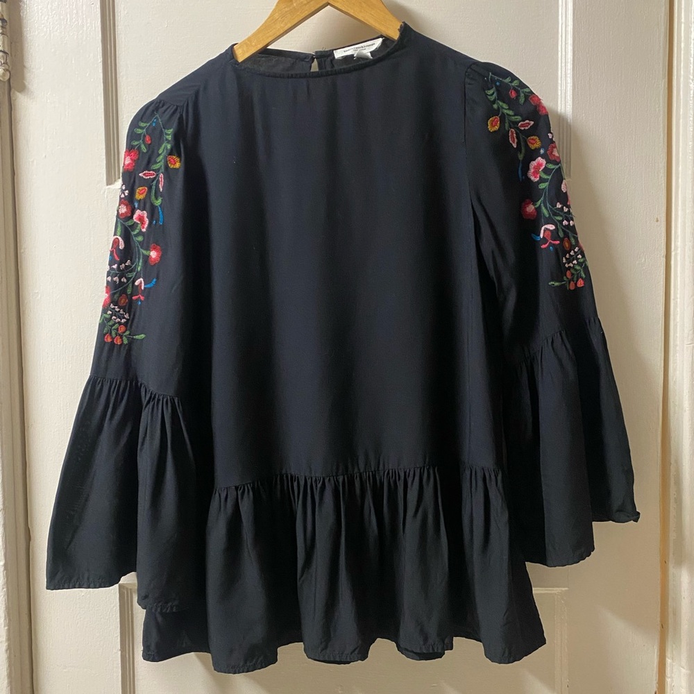 beachlunchlounge Black Flutter Sleeve Blouse with Embroidery